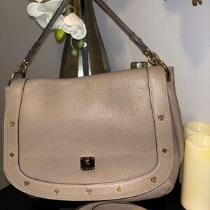 MCM Beige Leather Shoulder Bag with Gold Accents